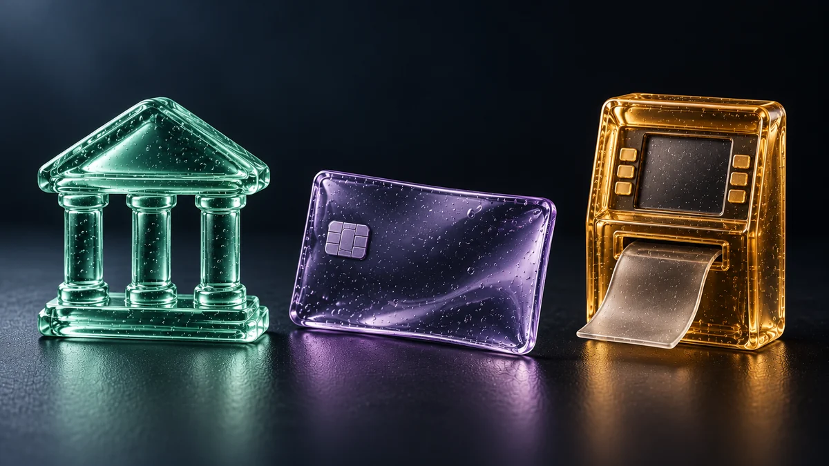 Mint bank building, violet debit card and amber cash machine with a blank output slip, representing three fiat payout destinations