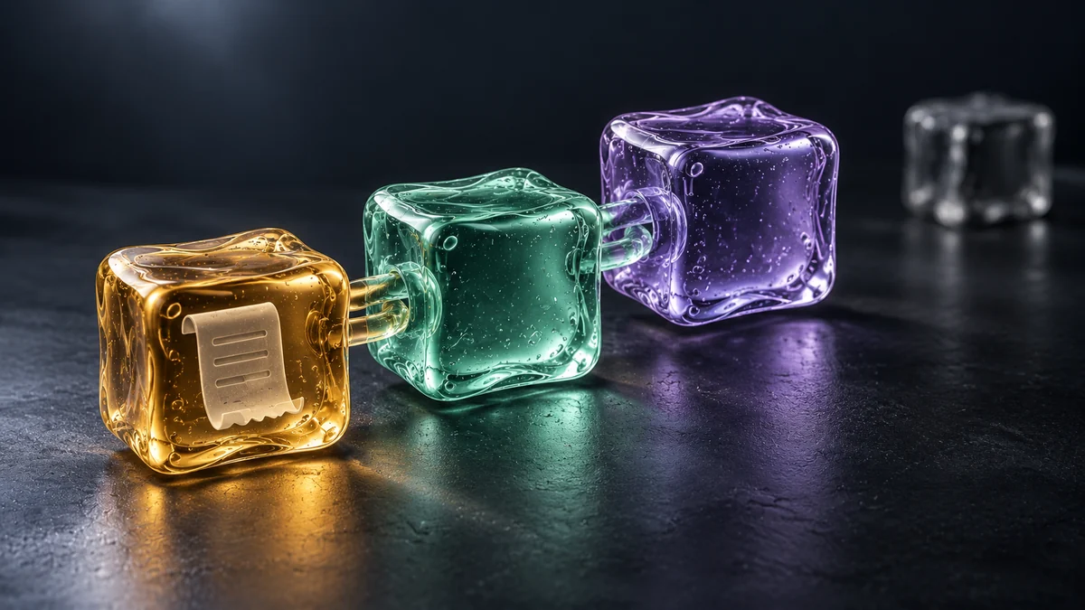 An amber block contains a transaction receipt, followed by linked mint and violet blocks, with an unattached smoky block in the background
