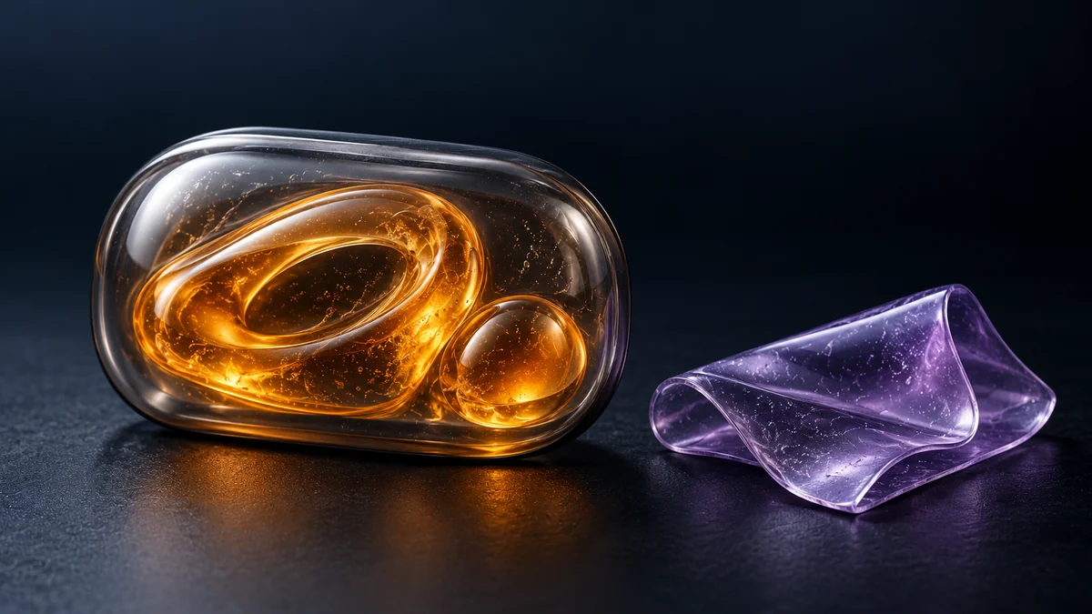 Amber gel credits contained behind a smoky membrane beside a separate folded violet gel form