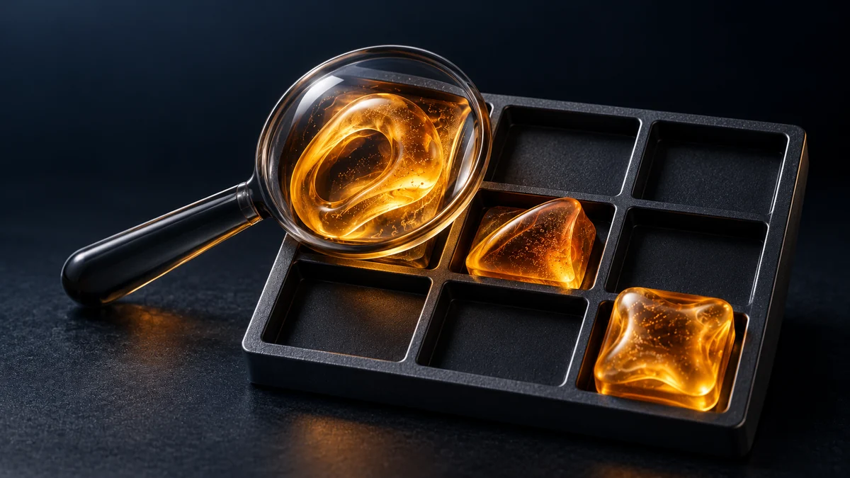 Amber gel symbols on a softly deformed dark grid with a smoky magnifying lens