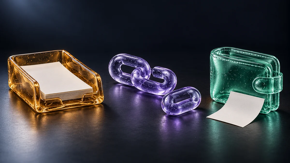 Amber request tray, violet chain with a loose link and mint wallet with an uncredited receipt, illustrating three possible withdrawal delay layers