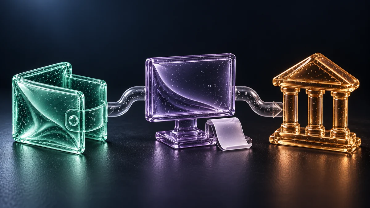 Mint cryptocurrency wallet connects through a violet sale terminal to an amber bank, showing the sale step before fiat payout