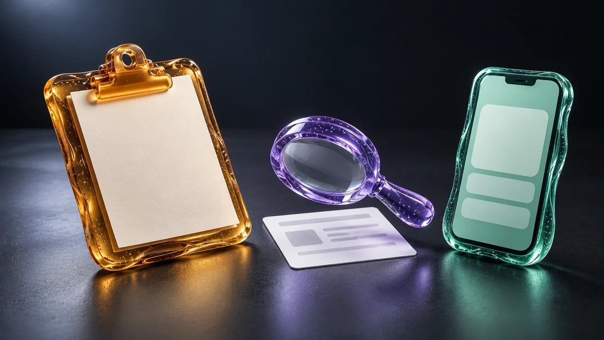 Amber clipboard, violet magnifying glass over a transaction record and mint status phone, representing evidence for withdrawal support