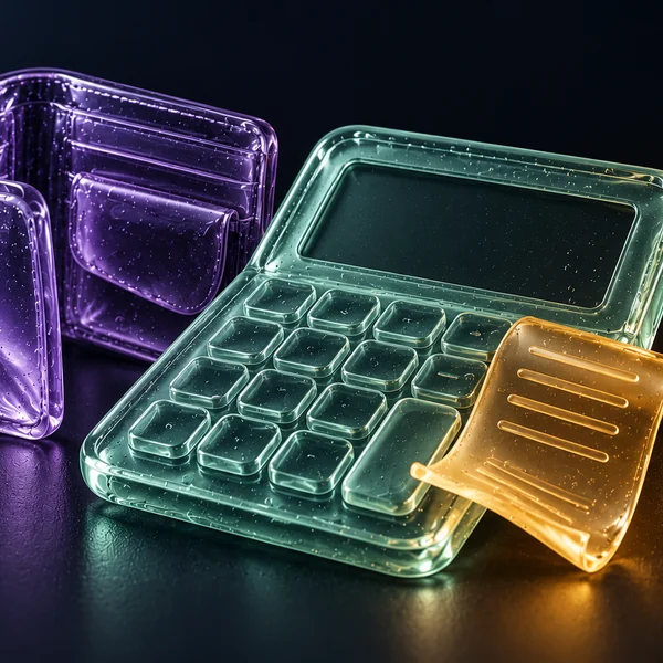 Mint gel calculator with blank keys beside a violet wallet and a small amber receipt