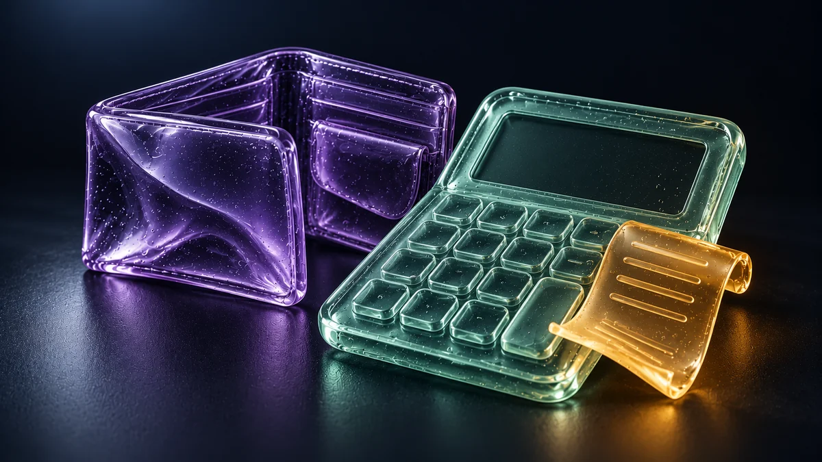 Mint gel calculator with blank keys beside a violet wallet and a small amber receipt