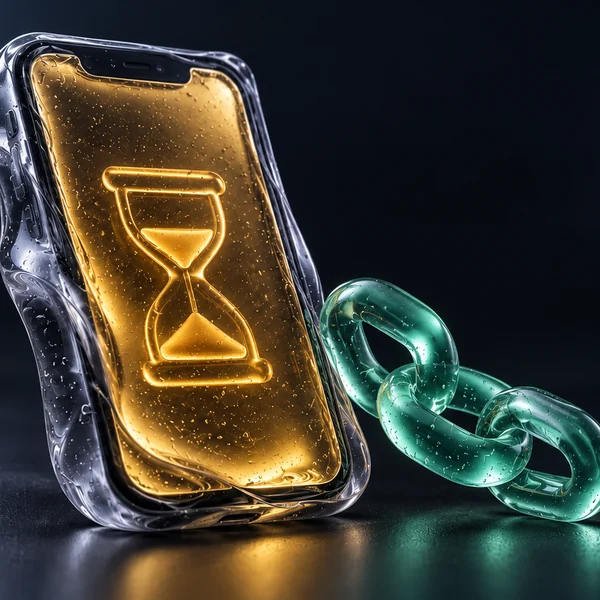 Smoky gel smartphone with an amber hourglass icon beside a short mint gel chain