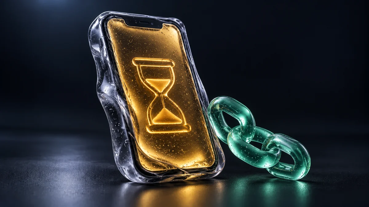 Smoky gel smartphone with an amber hourglass icon beside a short mint gel chain