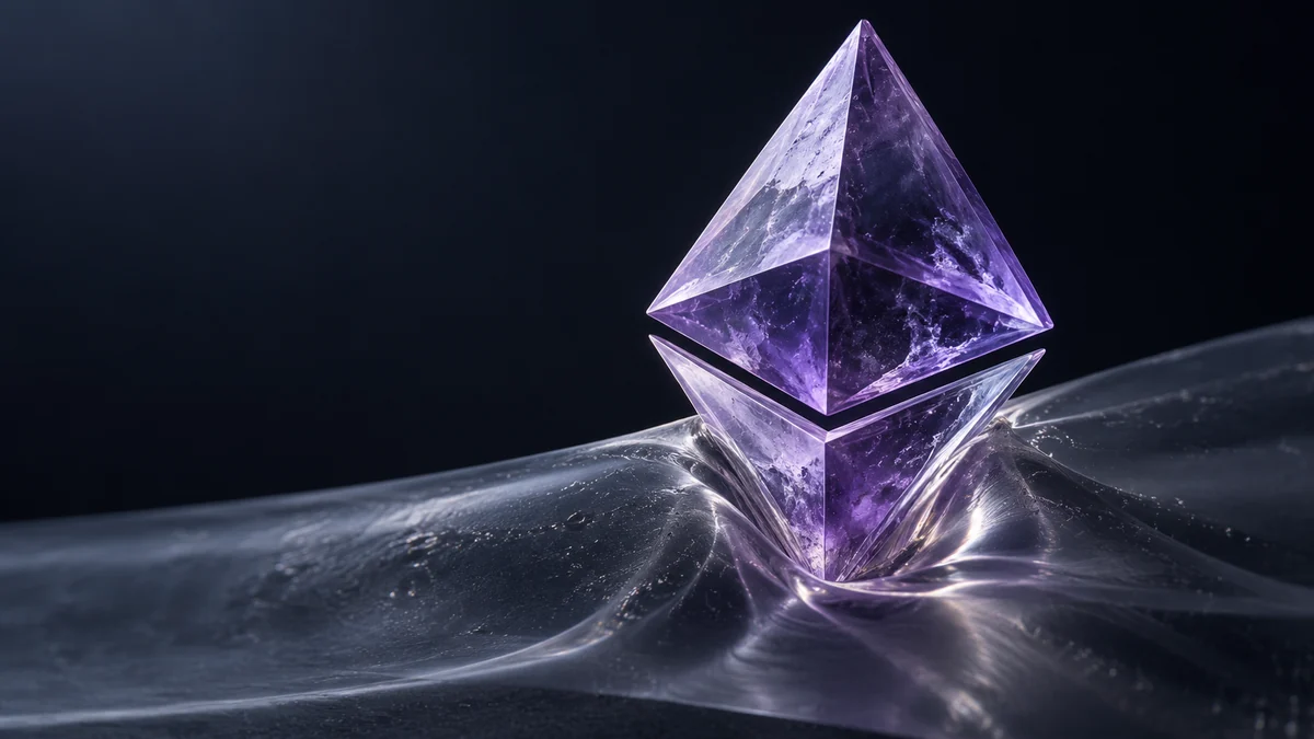 Violet gel Ethereum crystal stretching a smoky membrane at the point of contact