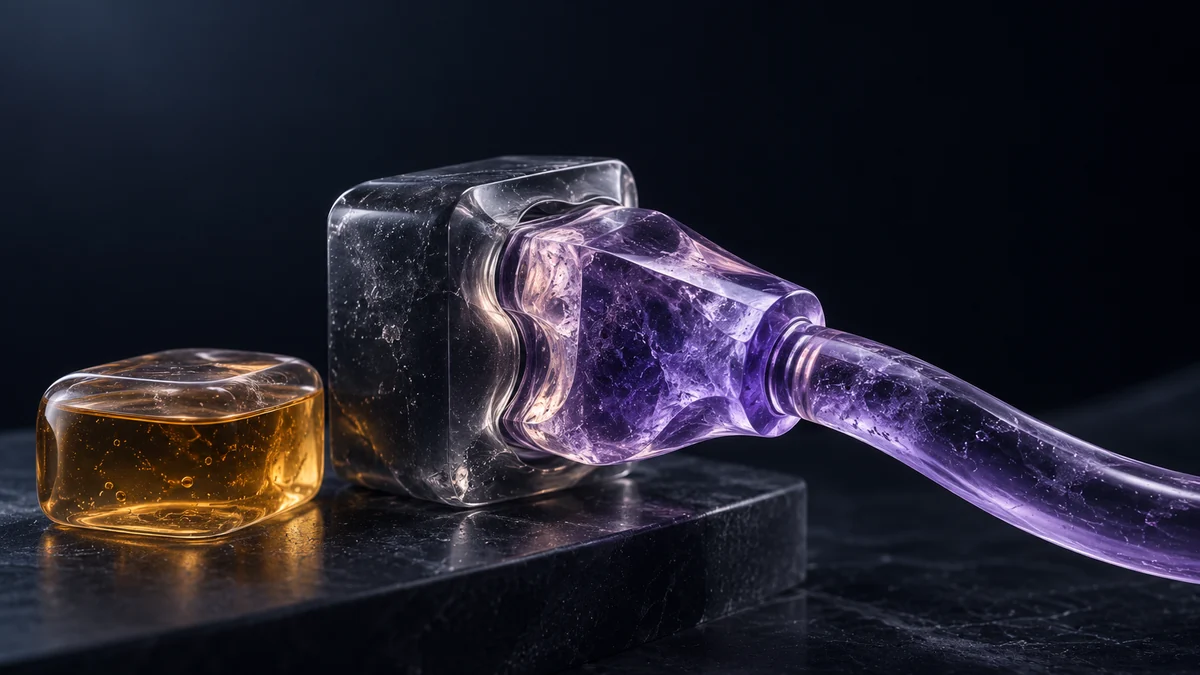 Violet gel plug compressed into a matching socket with a small amber gel reservoir beside it