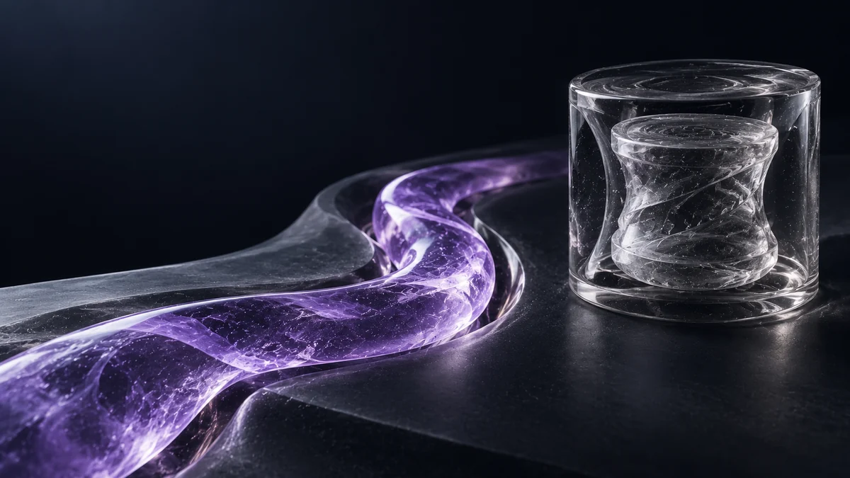 Violet gel transfer ribbon beside a separate smoky gel chamber holding an abstract reel