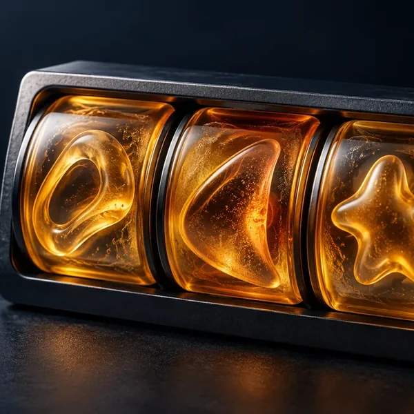 Three amber gel slot reels holding different abstract symbols in a dark frame