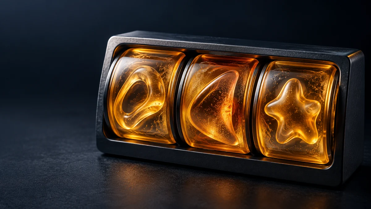 Three amber gel slot reels holding different abstract symbols in a dark frame