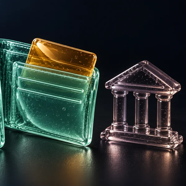 Mint gel wallet with an amber payment card beside a smoky miniature bank building
