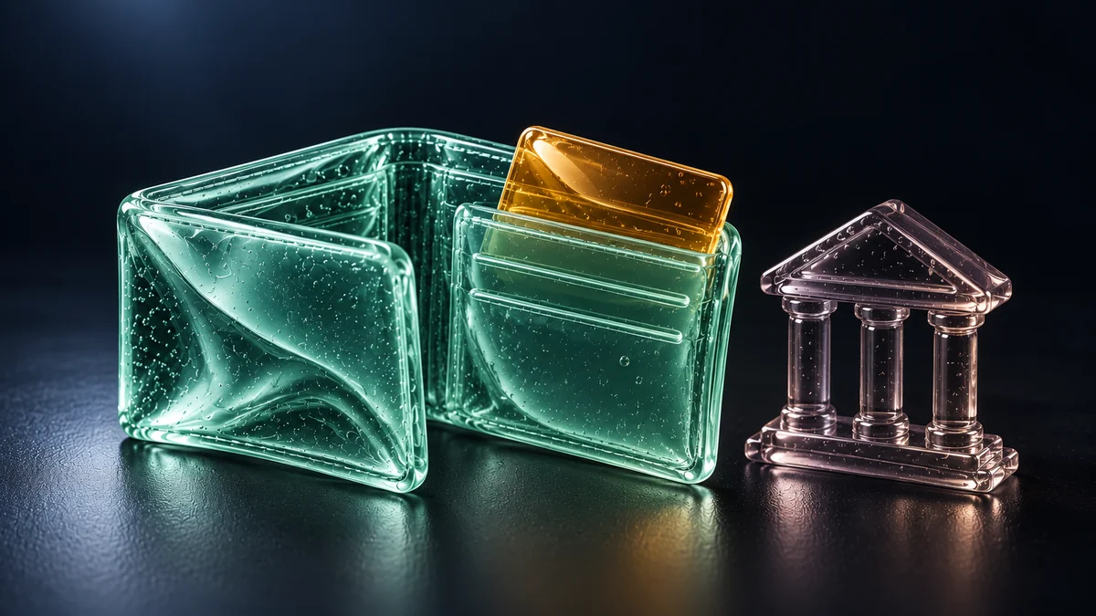 Mint gel wallet with an amber payment card beside a smoky miniature bank building