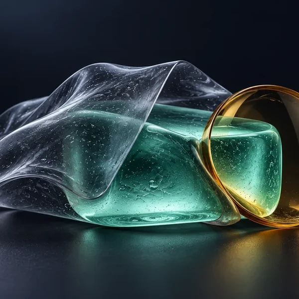Mint gel tile partly covered by a smoky folded veil beside an amber inspection lens