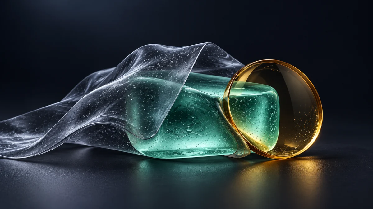 Mint gel tile partly covered by a smoky folded veil beside an amber inspection lens