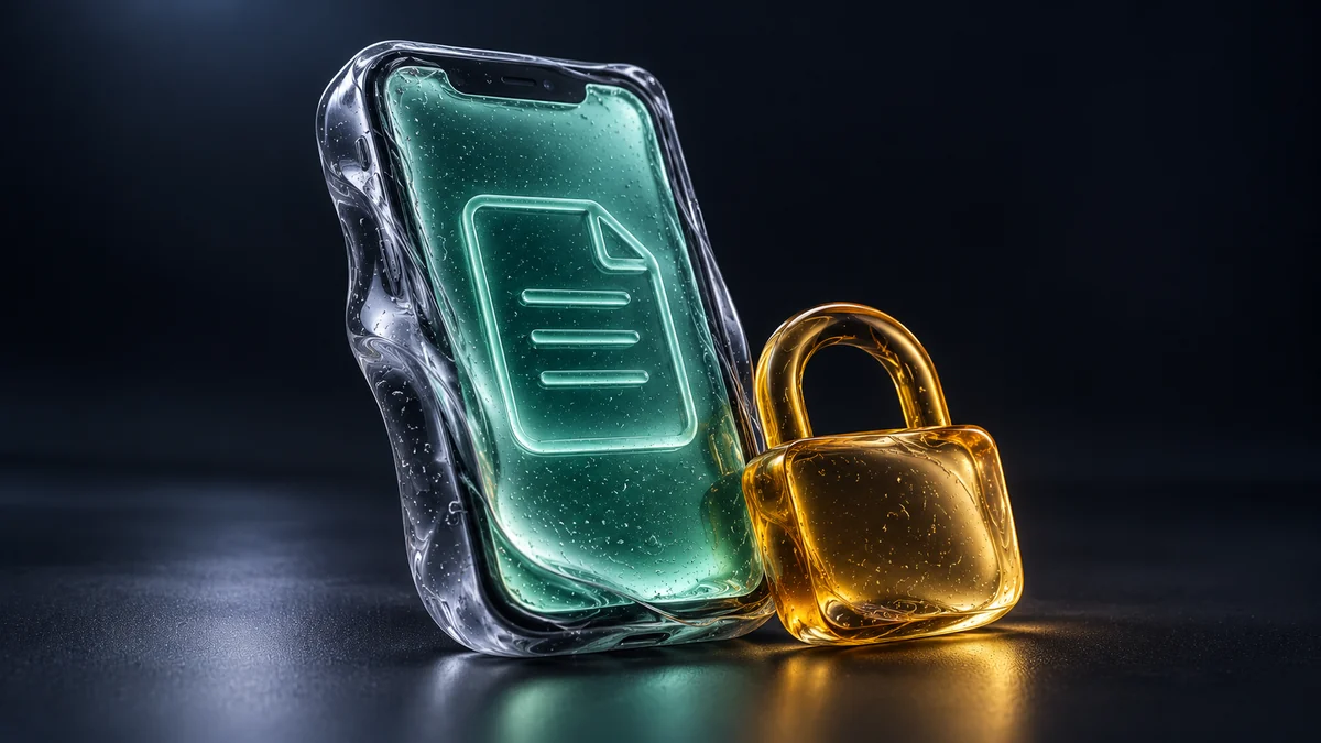 Smoky gel smartphone showing a simple document icon beside a closed amber gel padlock