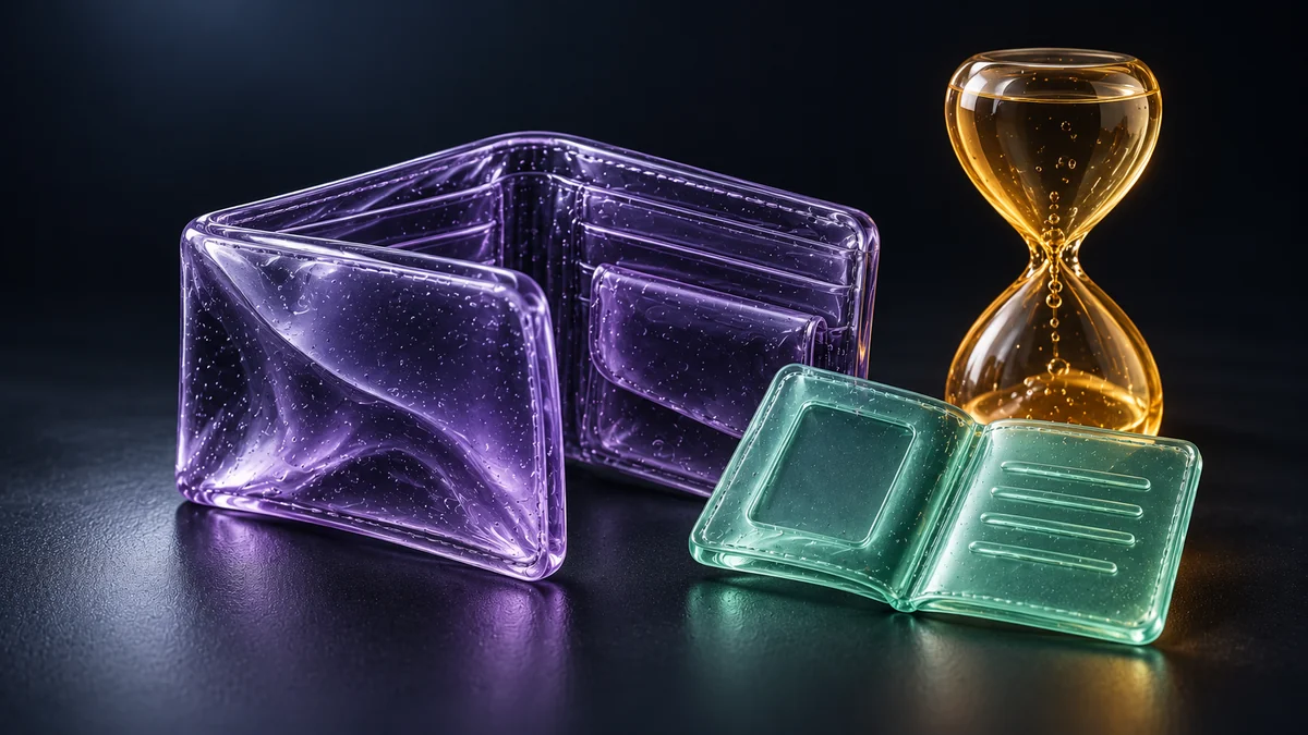 Violet gel wallet beside an open mint gel document booklet and an amber hourglass
