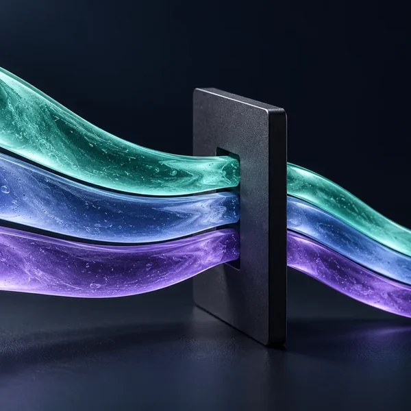 Three mint and violet gel bands compressing through a narrow graphite opening