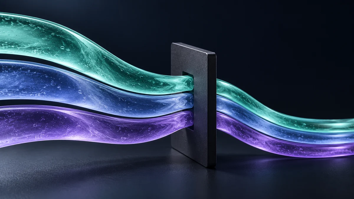 Three mint and violet gel bands compressing through a narrow graphite opening
