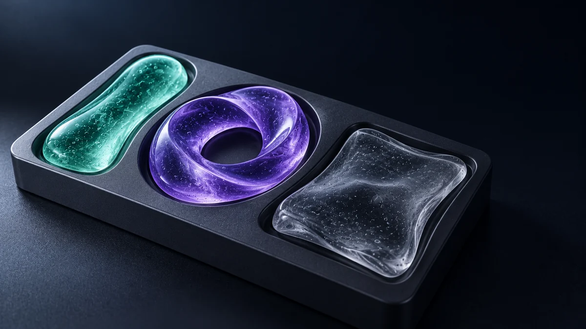 Three different mint, violet and smoky gel forms resting in separate shaped recesses