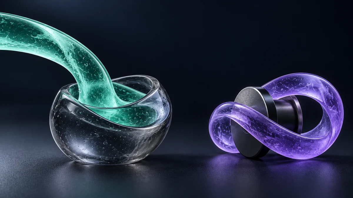 Mint gel ribbon flowing into a smoky account vessel beside a separate violet game mechanism