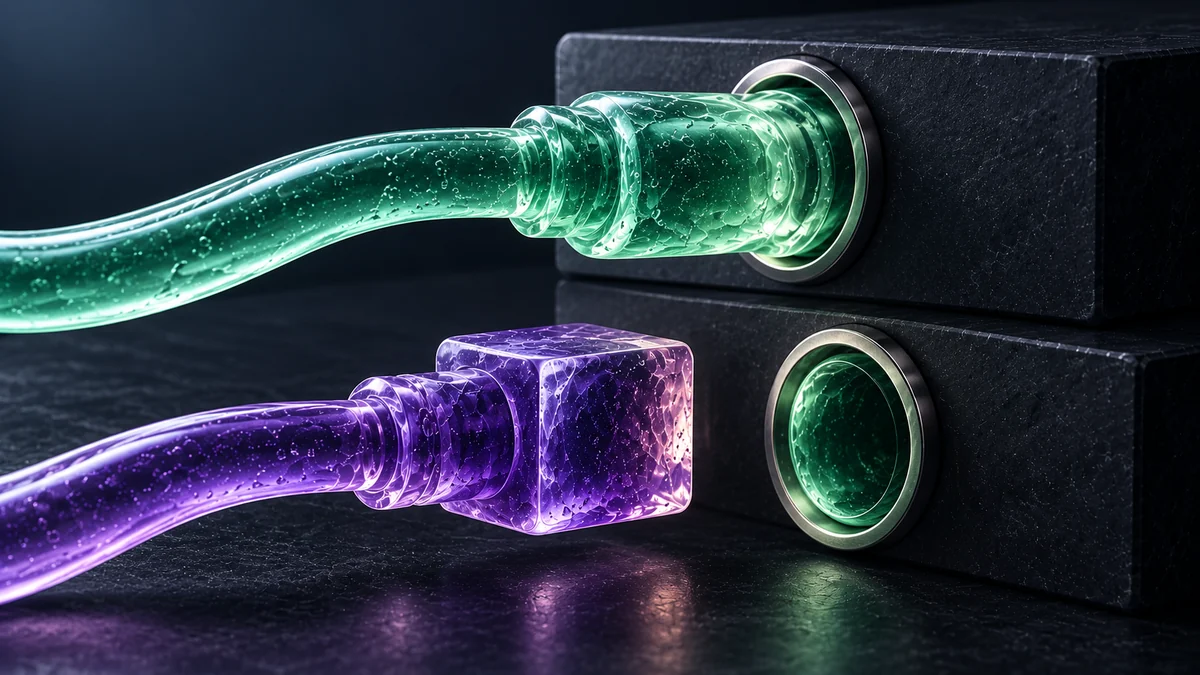 Two connector models: a mint round plug fits a round socket above, while a violet square plug remains separate from a round socket below