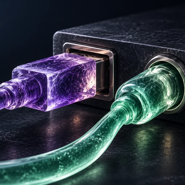Mint and violet gel cables fitted into two differently shaped smoky connection ports