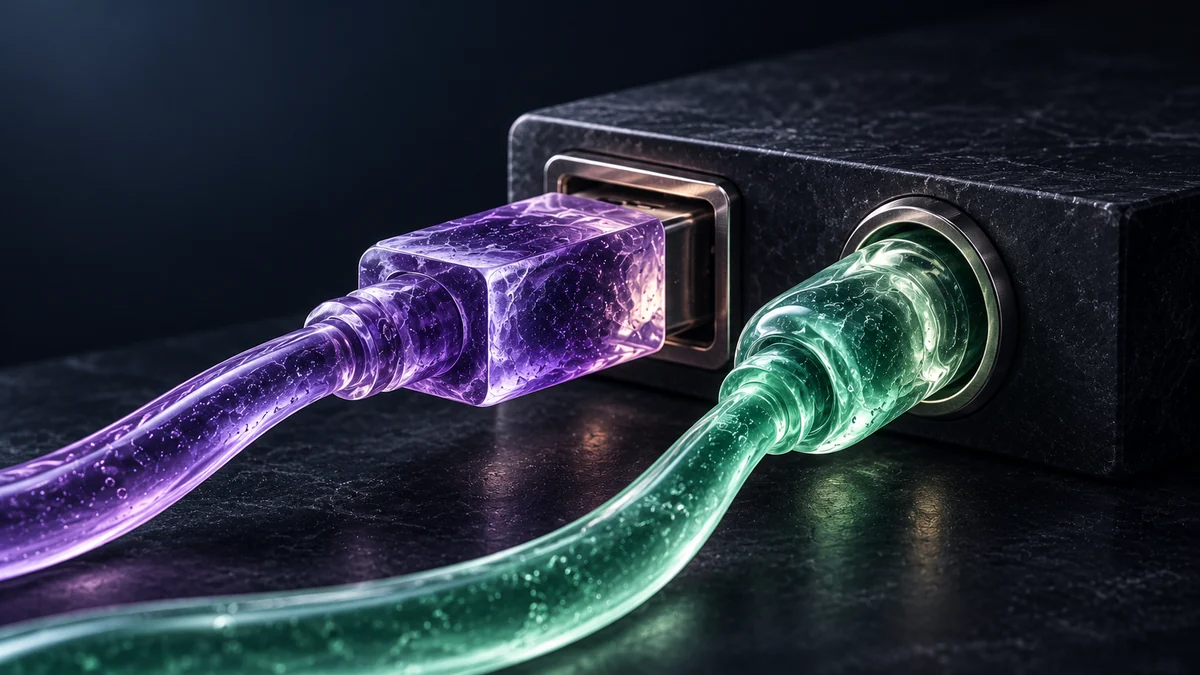 Mint and violet gel cables fitted into two differently shaped smoky connection ports