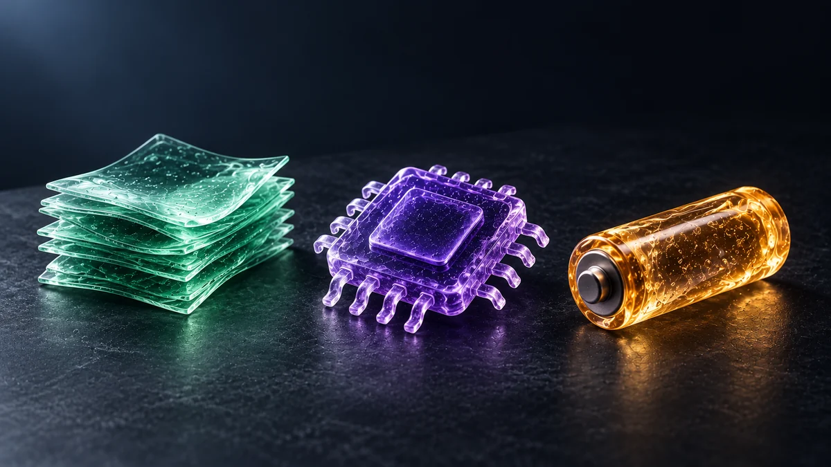 Mint gel data sheets, a violet gel microchip and an amber battery-shaped reserve illustrating Bandwidth, Energy and possible TRX costs