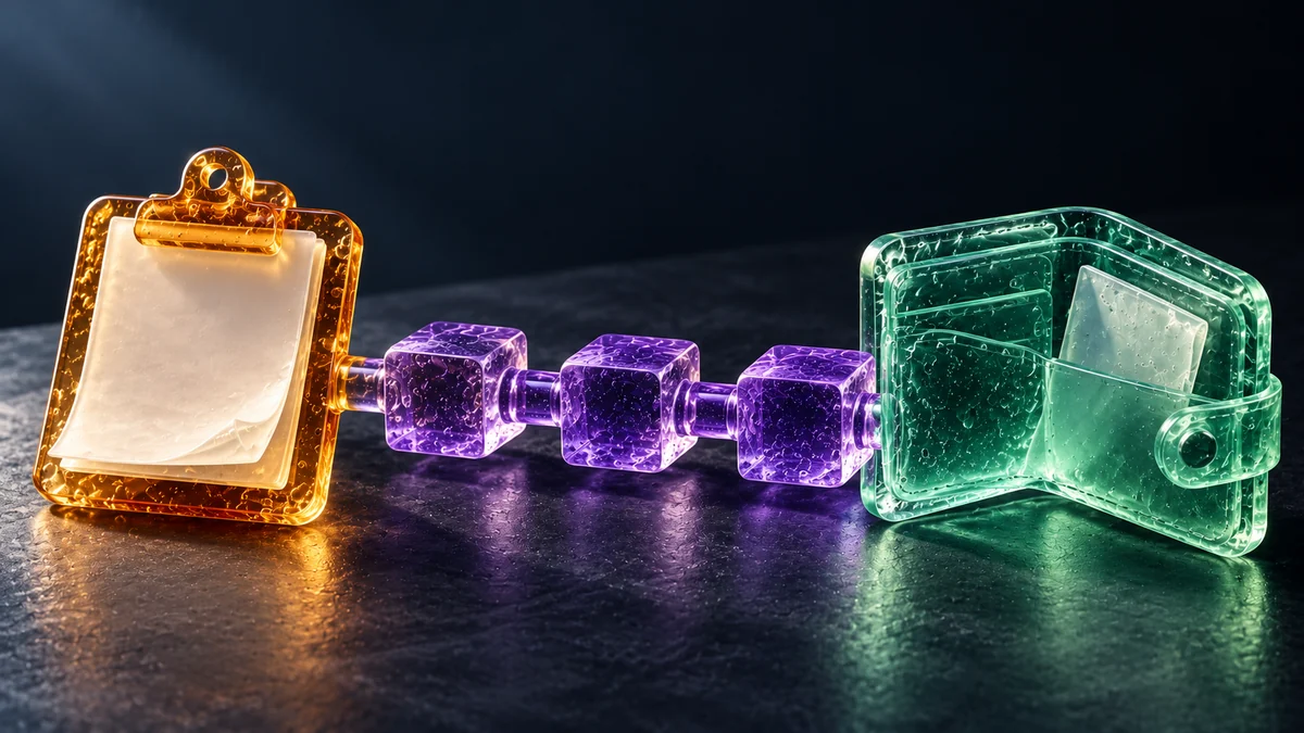 An amber request clipboard connects through violet blockchain blocks to a mint receiving wallet, illustrating distinct withdrawal stages